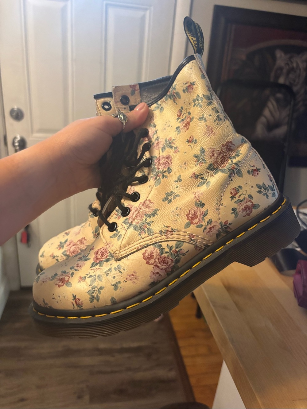 Dr. Martens Women’s Floral Lace-Up Boots - Cream with Pink Roses